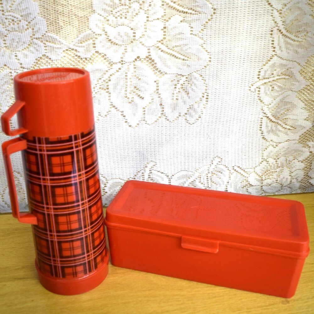 Aladdin Thermos & Lunchbox Vintage 1970s Set of 2 Red Plaid Travel Mug Insulated